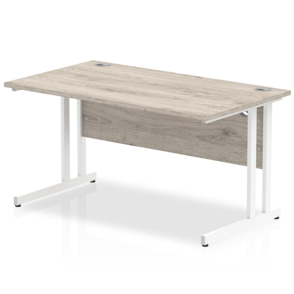 Impulse Straight Desk Grey Oak Top White Cantilever Leg