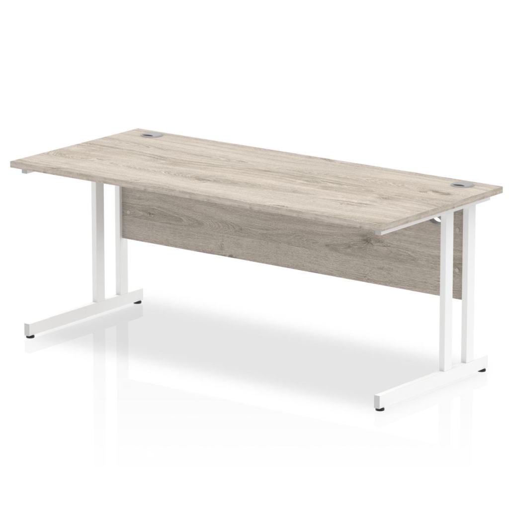 Impulse Straight Desk Grey Oak Top White Cantilever Leg